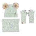Winter knit set for kids with light green pom-pom hat, thick scarf, and warm gloves - Green