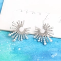 Silver-tone sunflower earrings with pearls and crystals in a C-shaped radial design - Small Size / Silver