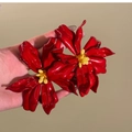 Elegant red flower-shaped cloth earrings with yellow bead stamens for a sweet style - Red Yellow Glossy Flower (10# Silver Pin)