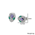 Vue détaillée de boucles d'oreilles serpent en argent avec cristaux violets et dimensions - Boucles d'oreilles Clous Argentées Design Tête de Serpent (8918)