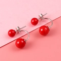 Red double pearl earrings with S925 silver studs in a versatile front-back hanging style - 925 Silver / Red