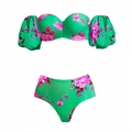 Three-piece floral bikini set in green with pink flowers and puffed sleeves - S / Tube Top Bikini