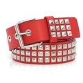Punk style red leather belt with multiple rows of silver pyramid studs and metal buckle - Red