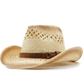 Handwoven straw cowboy hat with wide brim, sun protection and vintage metal buckle - Gradient Color Block / Beige Khaki