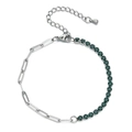 Detail of paperclip chain and green zircon stones on 3mm stainless steel bracelet - Green