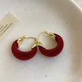 Vintage style red flocked petal earrings with gold metal base for festive elegance - 63# Earring Buckle Red Round Red-Gold Flocking Hoop
