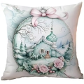 Mint green Christmas pillow cover with winter house and deer illustration print - House in Snow with Pink Ribbon