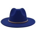 Detailed close-up of a royal blue wool fedora with a gold metallic band and flat brim - Royal Blue (Gold Ring)