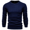Close-up of navy blue crew neck sweater showing premium knitted fabric texture and collar - Navy Blue