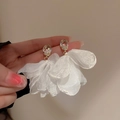 Close-up detail of elegant white fabric flower earrings featuring a shimmering crystal stud - Mesh Bow (11#) / Silver Earring Post Style / White