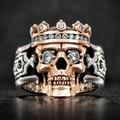 Anello corona a teschio meccanico in oro rosa e argento con intarsio in zircone - US 6 / Teschio corona in oro rosa argento