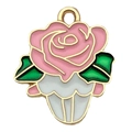 Pink enamel rose pendant with gold finish and green leaves for DIY jewelry making - 1Pc Cake Shape 20x18mm