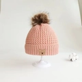Pink knit baby beanie set with soft faux fur pom-pom and cute bear patch detail - Bear Label Single Hat / Pink