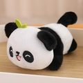 Plush panda pull-string toy in black and white with green leaf detail and soft texture - Lying Panda 15cm