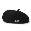 Classic black knitted beret for women with an elegant silver bow metal buckle detail - Adjustable / Black (with Bow)