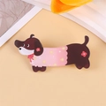Cartoon dachshund acrylic brooch in brown and pink with yellow floral polka dots - Brown Pink Spotted Dog