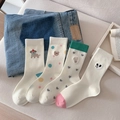 Set of four beige cotton mid-calf socks with cute cartoon animal patterns - One Size / Mixed Colors