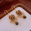 Detail of vintage gold earrings with amber tiger eye stones and champagne bead tassels - Ear Hook - Gold