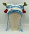 Blue and white striped crochet cat ear hat with cherry charms and ear flaps - Blue White Cherry