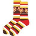 Close-up of Thanksgiving crew socks with multi-color stripes and cartoon turkey pattern - EU 37-44 / Striped Turkey