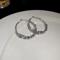 Detail of silver hoop earrings with frosted texture and zircon pearls on white plate - Frosted Grain Texture Large Hoop Earrings