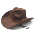 Classic dark brown wide brim suede cowboy hat with adjustable chin strap and band - M (56-58cm) / Brown