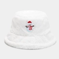 Vista dettagliata del cappello a secchiello in peluche bianca con ricamo festivo di un pupazzo di neve - M / Bianco con motivo pupazzo di neve