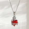Gothic red heart pendant with silver thorn frame and sparkling crown on an O-chain - White Gold Color NAC12-9