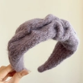 Soft purple knitted wide headband with fluffy mohair texture for autumn and winter - Purple
