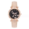 Orologio da donna alla moda con cassa oro rosa, quadrante con farfalla e cinturino in pelle. - Beige