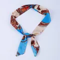 Equestrian print narrow silk scarf in blue and cream beige with knotted design - X05-Multi