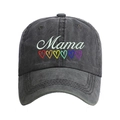Detail of Mama embroidery and rainbow heart on a vintage washed grey cotton baseball cap - Deep Grey - Rainbow Heart