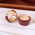 Macro shot of 18K gold plated vintage burgundy resin hoop earrings on beige velvet - Real Gold Plated / Hoop - Gold & Red