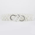 Elegant white pearl waist belt with silver interlocking rhinestone buckle for dresses - Silver Interlocking Double Ring Buckle