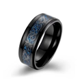 Men's 8mm black tungsten ring with blue background and classic Celtic dragon inlay - Electric Black Blue Sand Bottom Black Dragon Piece