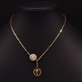 Long gold paperclip necklace with freshwater pearl and Queen Elizabeth coin pendant - Queen Coin Paperclip Pearl Set Chain