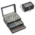 Three-layer black faux leather pen display box with clear top window and velvet lining - 36-Slot Pen Box (Black/Grey)
