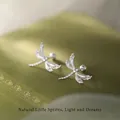 925 silver plated dragonfly stud earrings with detailed wings on green velvet - Dragonfly Nimble Style (A215)