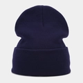 Close-up of high-quality navy blue ribbed knit texture on a warm winter cuffed beanie - Navy Blue