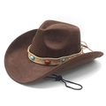 Brown faux suede western cowboy hat with decorative beaded band and windproof rope - M (56-58cm) / Brown