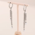 Silver rhinestone tassel earrings with white pearls hanging on a light pink stand - Silver Bead Chain Pearl (KE108833-KFC)