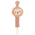 Beech wood pacifier clip with plush lion head and crown on a beige cotton strap - Lion