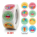 Detail view of 1 inch birthday label stickers roll with 8 festive colorful designs - A-381 Colorful Birthday Greetings