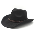 Classic black wide brim fedora hat with embossed brown leather band and silver buckle - M(56-58cm) / Black Faux Suede
