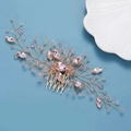Elegant gold bridal hair comb with marquise pink crystals and floral leaf beadwork - Pink Rhinestone + Gold Wire