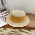 Flat top woven straw hat in cream white with a wide pleated yellow fabric band decoration - M / Beige with Yellow Ribbon
