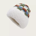 Winter chunky knit beanie with blue and brown checkered pattern and white faux fur trim - Color Block Plaid-White