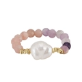 Handmade beaded silver ring with pink opal, lilac beads and baroque freshwater pearl - MPR02-14K / Pink Purple (Amethyst + Opal + Pearl)