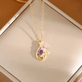 Titanium steel necklace in gold finish with pink and purple dual-stone pendant - A0122 Gold Colorful Flower