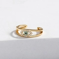 Detailed view of evil eye open ring featuring gold plating and blue cubic zirconia accents - Adjustable Open / Gold Evil Eye